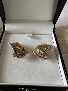 Boucher vintage pave rhinestone and gold tone metal clip on earrings